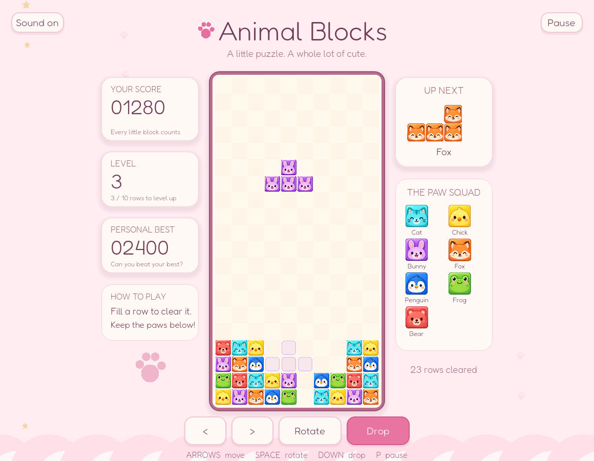 Animal Blocks: colourful animal tiles falling into a pastel pink puzzle board